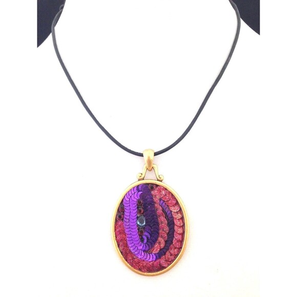 New Chico's Necklace Purple Pendant Gold Sequins Beads  Leather Cord 7C - Picture 2 of 5